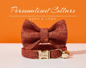 Ensemble de noeud papillon cloche de collier de chat en tweed orange fait à la main, étiquette de nom gravée personnalisée pour cadeau d'anniversaire, laisse de collier de chat chaton luxueux, collier de chiot