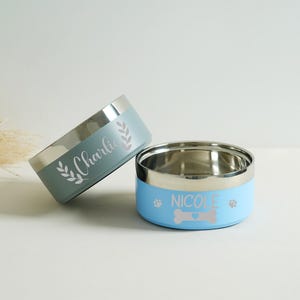 May include: Two stainless steel pet bowls. One is light blue with "Nicole" and a bone graphic. The other is a teal color with "Charlie" and a leaf design. Both bowls have a silver rim.