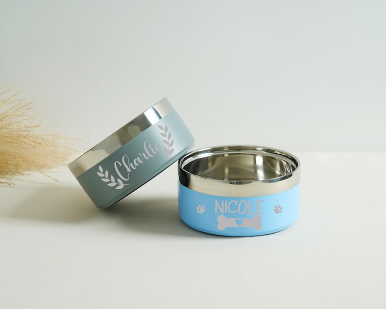 May include: Two stainless steel pet bowls. One is light blue with "Nicole" and a bone graphic. The other is a teal color with "Charlie" and a leaf design. Both bowls have a silver rim.