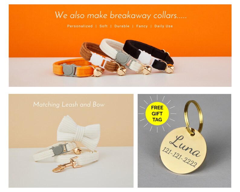 Orange Cat Collar with Bell, Custom Cat Collar Bow Tie for Pet Birthday Gift, Adjustable Luxury Personalized Cat Collar image 4