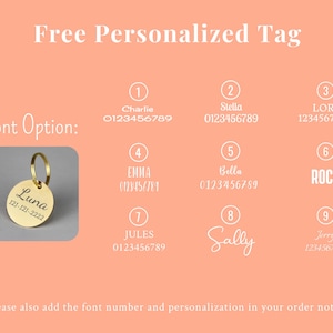 May include: A graphic showing nine different font options for a personalized pet tag. Each font option has a number, a name, and a phone number. The image also shows a sample pet tag with the word "Luna" engraved on it.