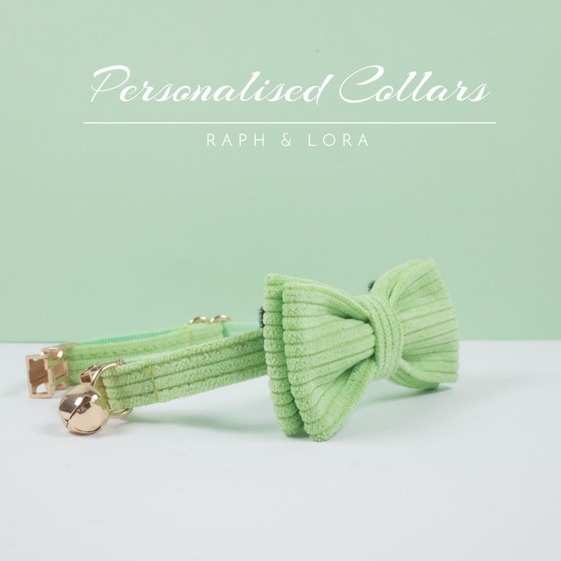 Lime Corduroy Cat Collar Bell with Bow for Pets Gift, Kitten Collar Bow Leash Set with Gold Hardware,Personalized Cat Collar Free Shipping image 4