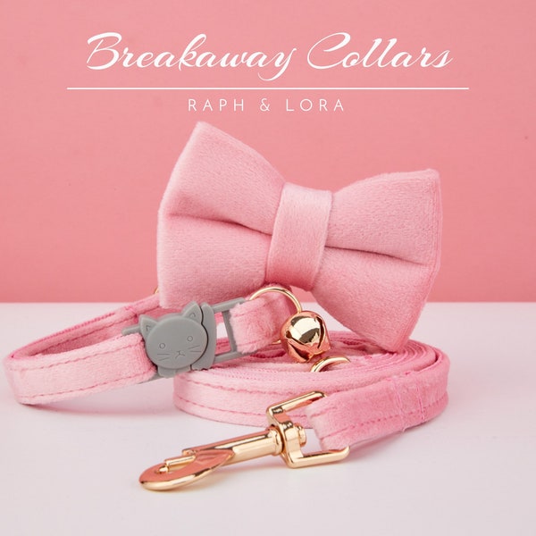 All Velvet Flamingo Pink Breakaway Cat Collar with Name Engraved, Quick Release Cat Collar Set, Custom Kitten Collar with Bell Bow tie