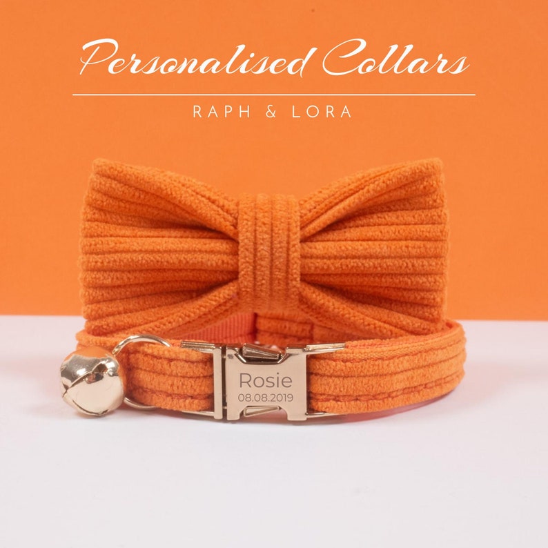 Orange Cat Collar with Bell, Custom Cat Collar Bow Tie for Pet Birthday Gift, Adjustable Luxury Personalized Cat Collar image 1
