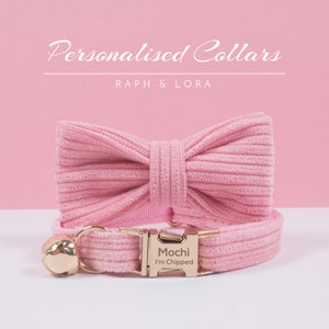 Corduroy Personalized Cat Collar with Bow tie Set,Engraved Kitten Name Plate,Gold Cat Bell for Small Dog, Hot Pink Kitten Collar for Girl