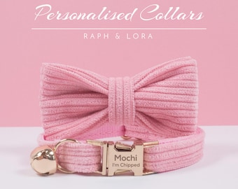 Corduroy Personalized Cat Collar with Bow tie Set,Engraved Kitten Name Plate,Gold Cat Bell for Small Dog, Hot Pink Kitten Collar for Girl