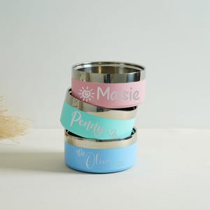 May include: Three stainless steel pet bowls stacked on top of each other. Each bowl has a colored band with a name in white script: Maisie, Penny, and Olive. The top bowl is pink with a sun graphic, the middle is teal, and the bottom is light blue.