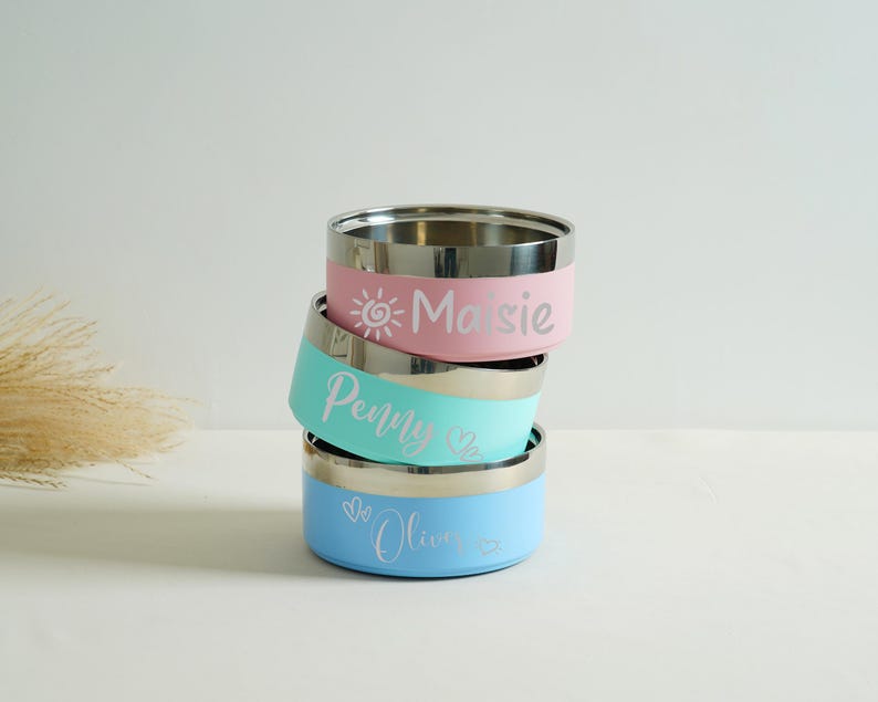 May include: Three stainless steel pet bowls stacked on top of each other. Each bowl has a colored band with a name in white script: Maisie, Penny, and Olive. The top bowl is pink with a sun graphic, the middle is teal, and the bottom is light blue.