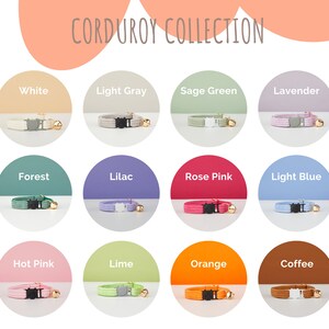 May include: A collection of 12 cat collars in various colors, including white, light gray, sage green, lavender, forest, lilac, rose pink, light blue, hot pink, lime, orange, and coffee. Each collar features a small bell.