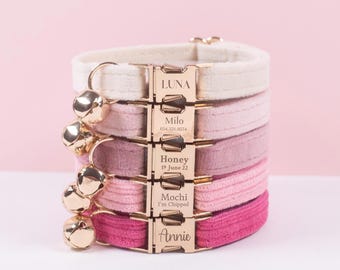 Pink Velvet Personalized Cat Collar with Bow tie Set,Engraved Kitten Collar Name Plate,Gold Cat Collar Bell for Puppy , Cat Collar for Girl