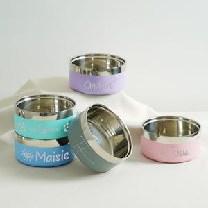 May include: Stainless steel pet bowls in various colors, including lavender, teal, and pink. Each bowl has a silver rim and is personalized with a pet's name in a script font. The bowls are stacked and arranged on a white surface.