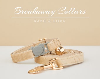 All Velvet Beige Breakaway Cat Collar with Name Engraved, Quick Release Cat Collar Set, Custom Kitten Collar with Bell Bow tie