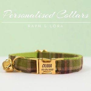 Cute Green Tartan Cat Collar Leash Bell, Personalised Cat Collar Bow for Cat Gift,Custom Plaid Kitten Collar with Name Engraved