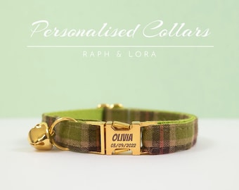 Cute Green Tartan Cat Collar Leash Bell, Personalised Cat Collar Bow for Cat Gift,Custom Plaid Kitten Collar with Name Engraved