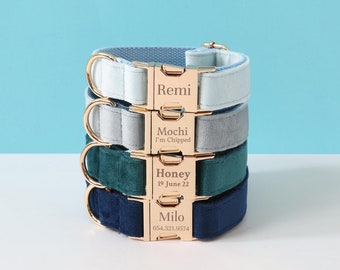 Blue Velvet Dog Collar with Personalized Name, Luxury Puppy Collar for Dog Wedding, Pet Dog Collar for Small and Large Dogs