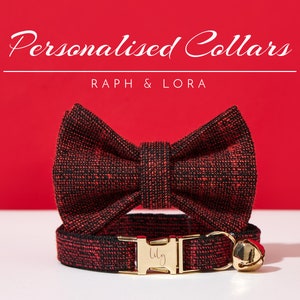 Rot Tweed Stoff Kätzchen Kragen Glocke Fliege Set, personalisierte Katzenhalsband Leine, ausgefallene kleine Hundehalsband Fliege Leine für Hochzeitsgeschenke, Katzenmarke