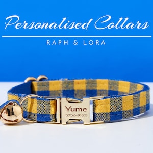 Yellow Blue Check Personalized Cat Collar Leash Bell, Fancy Cat Collar Bow for Cat Gift,Custom Kitten Collar with Name Engraved