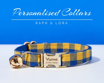 Yellow Blue Check Personalized Cat Collar Leash Bell, Fancy Cat Collar Bow for Cat Gift,Custom Kitten Collar with Name Engraved