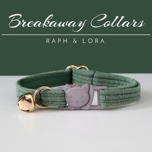 Breakaway Cat Collar with Name Engraved, Quick Release Cat Collar Set, Green Soft Corduroy Custom Kitten Collar with Bell Bow tie