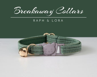 Breakaway kattenhalsband met gegraveerde naam, kattenhalsbandset met snelsluiting, groene zachte corduroy aangepaste kittenhalsband met strikje met belletje