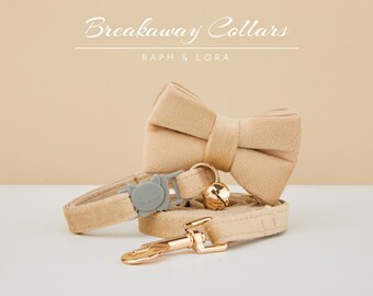 All Velvet Beige Breakaway Cat Collar with Name Engraved, Quick Release Cat Collar Set, Custom Kitten Collar with Bell Bow tie
