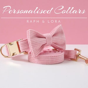 Op de afbeelding: Roze corduroy hondenhalsband en riemset met een gouden gesp en sluiting. Het halsband heeft een bijpassende roze strik. De tekst "RAPH & LORA" is op de afbeelding gedrukt.