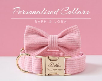 Roze corduroy halsband en vlinderdas set, gepersonaliseerde halsband strik voor huisdier verjaardagscadeau, verstelbare luxe aangepaste puppyhalsband