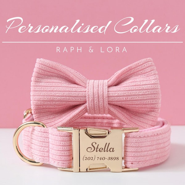 Collar de perro de pana rosa y pajarita, lazo de collar de perro personalizado para regalo de cumpleaños de mascotas, collar de perro de cachorro personalizado de lujo ajustable