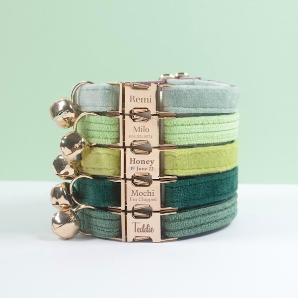 Groene aangepaste kattenhalsband met strik en bel, gepersonaliseerde kittenkraag vlinderdas voor huisdier kleine hondencadeau, verstelbare luxe zachte kattenhalsband