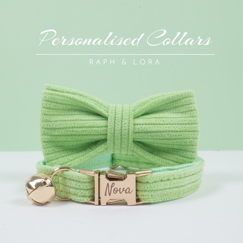 Lime Corduroy Cat Collar Bell with Bow for Pets Gift, Kitten Collar Bow Leash Set with Gold Hardware,Personalized Cat Collar Free Shipping image 1