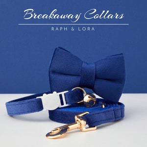 All Velvet Navy Blue Breakaway Cat Collar with Name Engraved, Quick Release Cat Collar Set, Custom Kitten Collar with Bell Bow tie