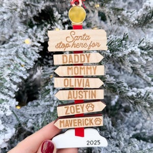 Family Name Christmas Ornament, Personalized Santa Stop Here Ornament 2025, Grandkids Ornament for Grandparents