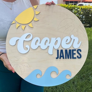 Nursery Name Sign, 3D Custom Ocean Wave Name Sign, Round Wood Room Sign, Baby Name Reveal, Beach Surf Nursery Theme, Nautical Crib Sign