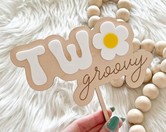 Two Groovy Cake Topper, Retro Hippie Cake Topper, Second Birthday 70s Theme Cake Topper, Hippie Party Decor, Daisy Cake Topper