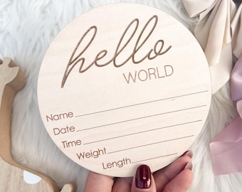 Gender Reveal Sign for Hospital, Hello World Baby Sign, Baby Announcement Sign Gender Neutral, Engraved Birth Announcement Sign