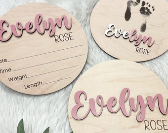 Baby Name Plate Announcement Sign, Birth Announcement, Baby Name Sign for Hospital, Newborn Footprint Sign, Baby Shower Gift, Name Reveal