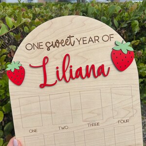 Tablero de fotos para el primer cumpleaños con diseño de bayas, decoración de cumpleaños con diseño de fresas de One Sweet Year, letrero para el primer año del bebé, marco de 12 meses, collage para el primer cumpleaños