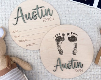 Baby name sign for nursery, Birth announcement hospital name sign, Name Reveal Sign with Birth Stats and newborn footprint wood plaque