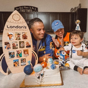 Tablero de fotos mensual para el primer cumpleaños, decoración para el primer cumpleaños con temática de astronauta, cohete espacial