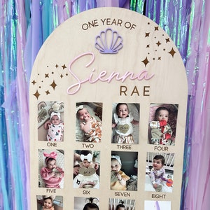 Tablero de fotos de un año, cartel del primer año del bebé, tablero de fotos de cumpleaños de sirena, decoración de cumpleaños con conchas marinas, primer cumpleaños bajo el mar en la playa