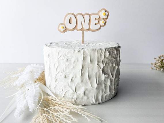 Daisy One Boho Retro Party Decor Set - Wood & White Daisy Theme 1st Birthday Decor, Cake Topper & Banner