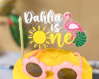 Personalized First Birthday Cake Topper, One in the Sun, Tropical First Birthday Cake Topper, Flamingo Cake Topper, One year birthday cake