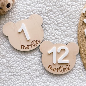 Marqueur jalon mensuel ours en peluche, cartes jalons du mois bébé ours en peluche, disques jalons mensuels en bois, panneaux photo bébé