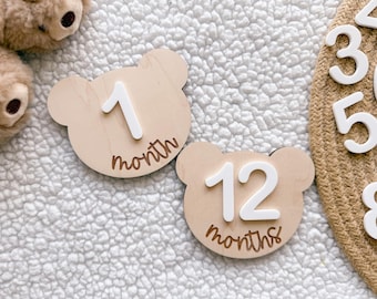 Teddy Bear Monthly Milestone Marker, Interchangeable Month Baby Bear Milestone cards, Monthly Wooden Milestone Discs, Baby Photo Signs
