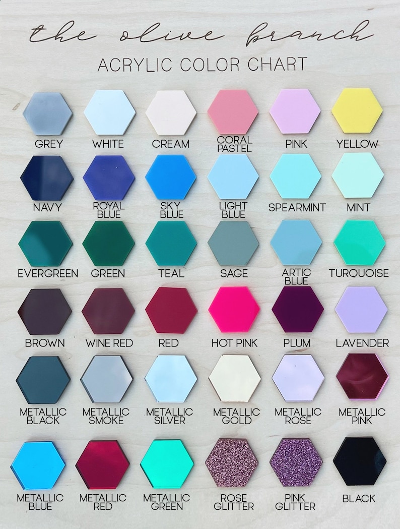 May include: An acrylic color chart titled the olive branch featuring thirty-six hexagonal swatches in various solid, metallic, and glitter finishes. Each swatch is labeled with its corresponding color name, including grey, blue, pink, and gold.