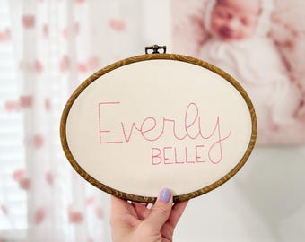 Embroidered Nursery Name Sign, Baby Name Embroidery Hoop, Embroidered Birth Announcement Sign, Embroidery Hoop Nursery Decor