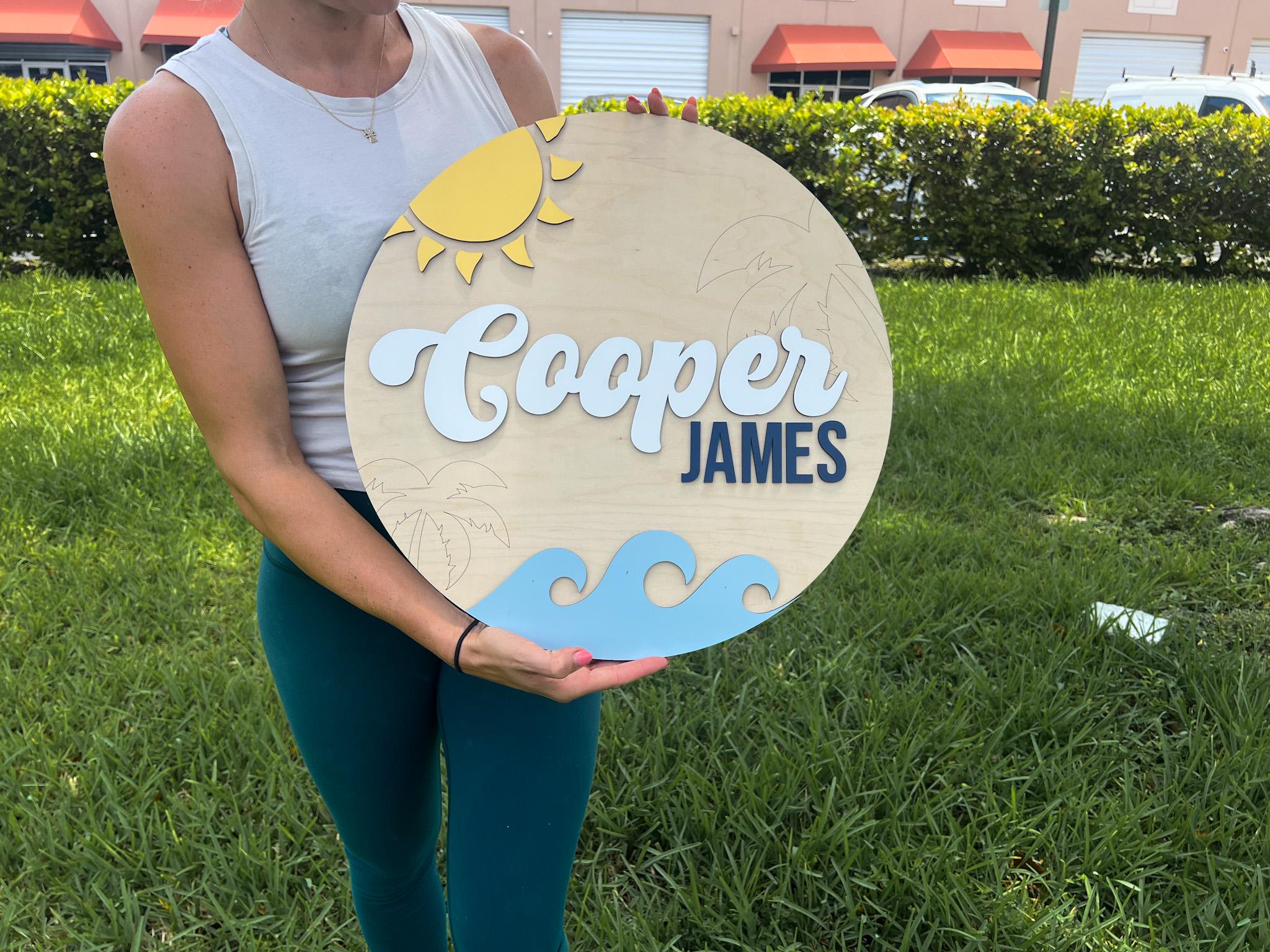 Nursery Name Sign, 3D Custom Ocean Wave Name Sign, Round Wood Room Sign ...