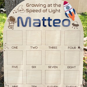 Pu&ograve; includere: Un grafico di crescita in legno a tema spaziale. Presenta un razzo, un astronauta, una luna, stelle e pianeti. Il grafico ha 12 quadrati vuoti per registrare le misure di altezza. Il testo "Growing at the Speed of Light" e "Matteo" sono stampati sul grafico.