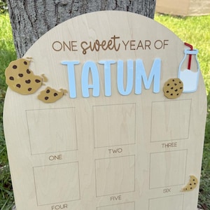 Tablero de fotos para el primer cumpleaños de una dulce galleta, fiesta de cumpleaños de un niño dulce, tablero de un año con leche y galletas, exhibición de un año dulce