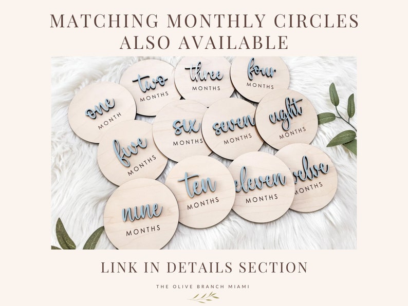 A collection of twelve wooden monthly milestone circles. Each circle is light-colored with a light blue raised font indicating the month. The text "Matching Monthly Circles Also Available" is at the top, with "Link in Details Section" at the bottom.
